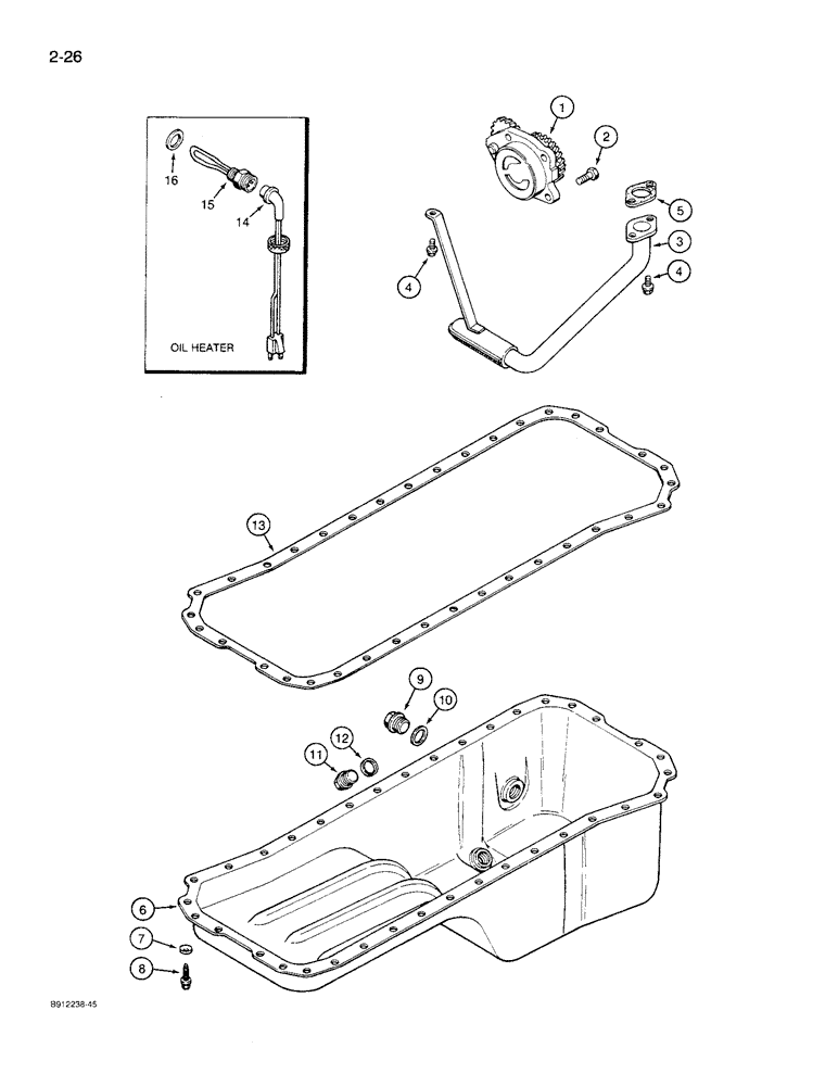 Схема запчастей Case 621 - (2-26) - ENGINE OIL PUMP, PAN, AND HEATER, 6T-590 ENGINE, OIL PUMP AND OIL PAN (02) - ENGINE