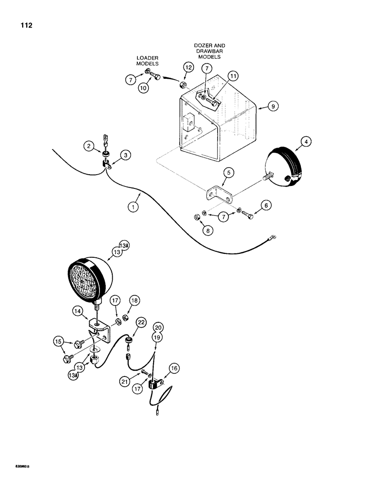 Схема запчастей Case 1150D - (112) - LAMPS AND WIRING, MODELS WITHOUT ROPS CANOPY OR CAB, SIDE LAMPS (04) - ELECTRICAL SYSTEMS