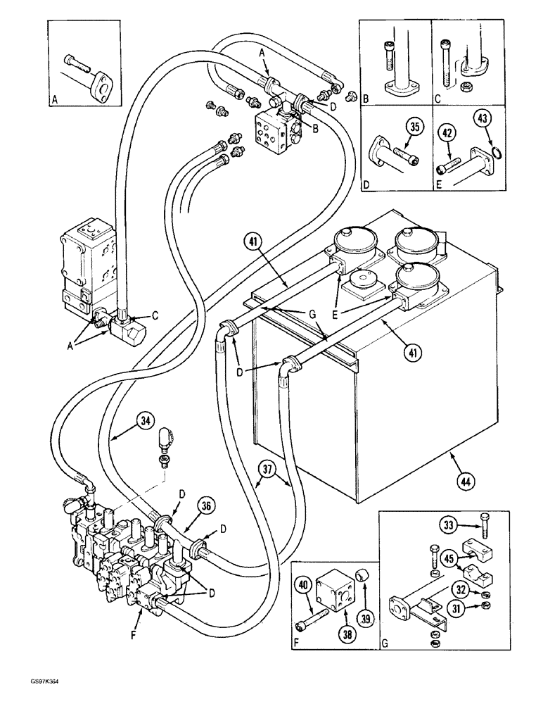 Схема запчастей Case 170C - (8-028) - HYDRAULIC CIRCUIT RETURN LINES, TO FILTERS AT RESERVOIR, P.I.N. 74501 - 74662, P.I.N. 02301 - 02370 (08) - HYDRAULICS