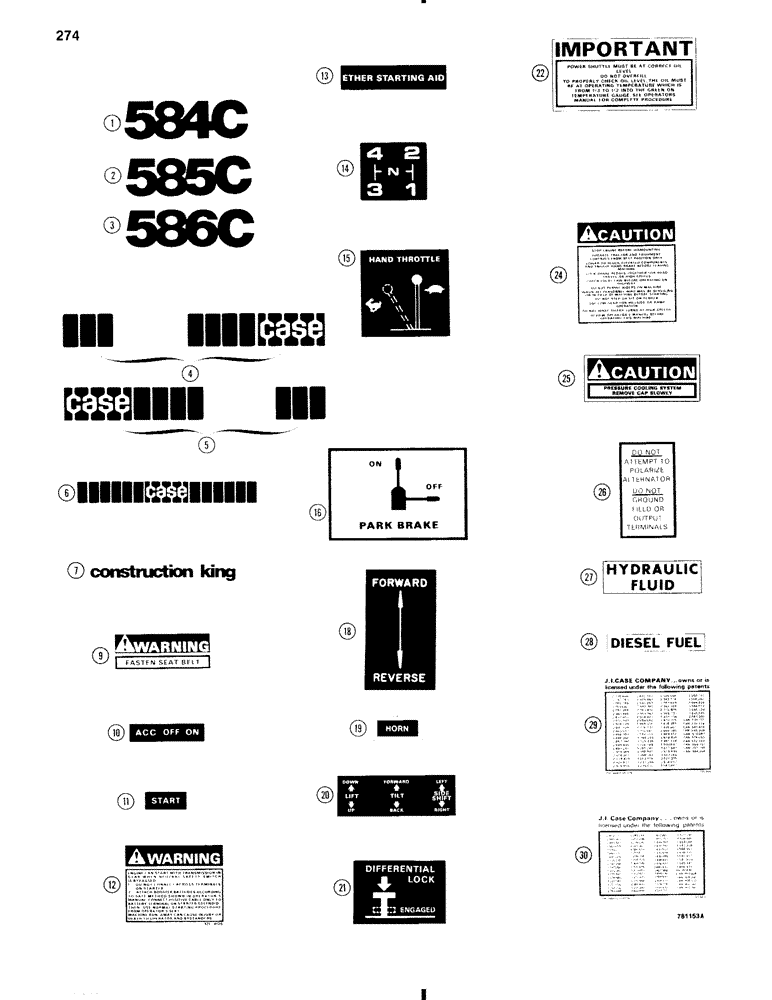 Схема запчастей Case 584C - (274) - DECALS, USED BEFORE SERIAL NUMBER 9000008 (90) - PLATFORM, CAB, BODYWORK AND DECALS