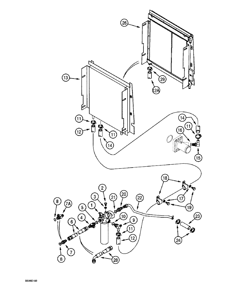 Схема запчастей Case 570LXT - (8-009A[A]) - EQUIPMENT HYDRAULIC SYSTEM, OIL COOLER LINES, RETURN LINES, AND FILTER WITH CUT HOSES AT COOLER) (08) - HYDRAULICS