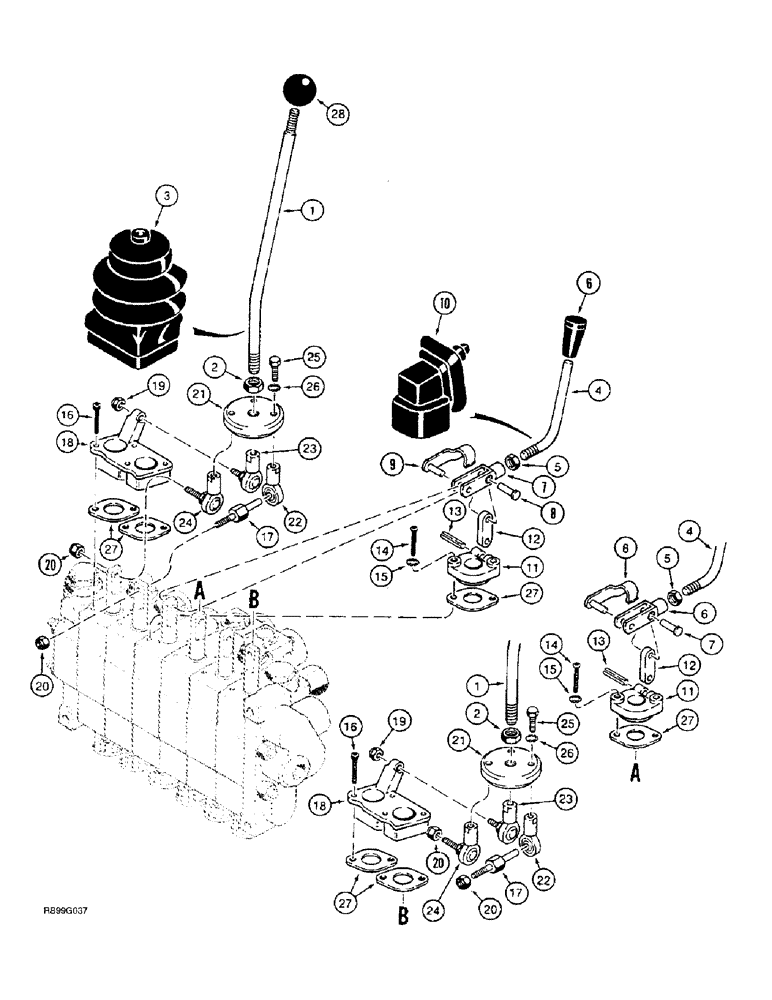 Схема запчастей Case 860 - (8-049A) - BACKHOE CONTROL VALVE ASSY - H672270 (KONTAK)-DUAL CONTROL & STABILIZER LEVERS W/BALL JOINT & PIVOTS (08) - HYDRAULICS