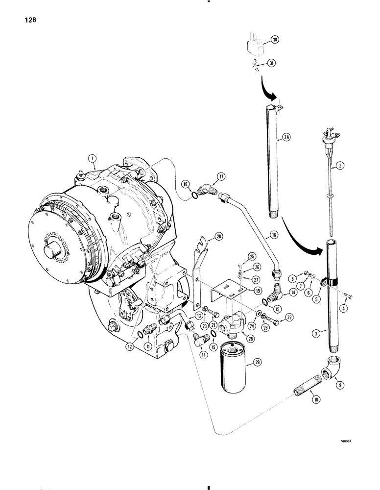 Схема запчастей Case W11 - (128) - TRANSMISSION HYDRAULIC CIRCUIT, TRANSMISSION FILTER AND DIPSTICK (06) - POWER TRAIN