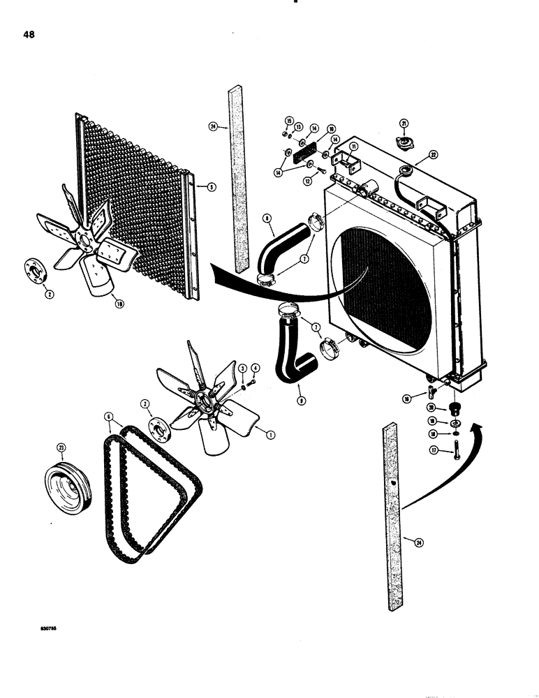 Схема запчастей Case 1150C - (048) - RADIATOR, FANS, AND HOSES (02) - ENGINE