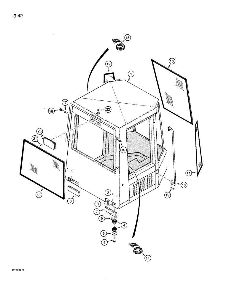 Схема запчастей Case 621 - (9-42) - CAB MOUNTING AND GLASS (09) - CHASSIS/ATTACHMENTS