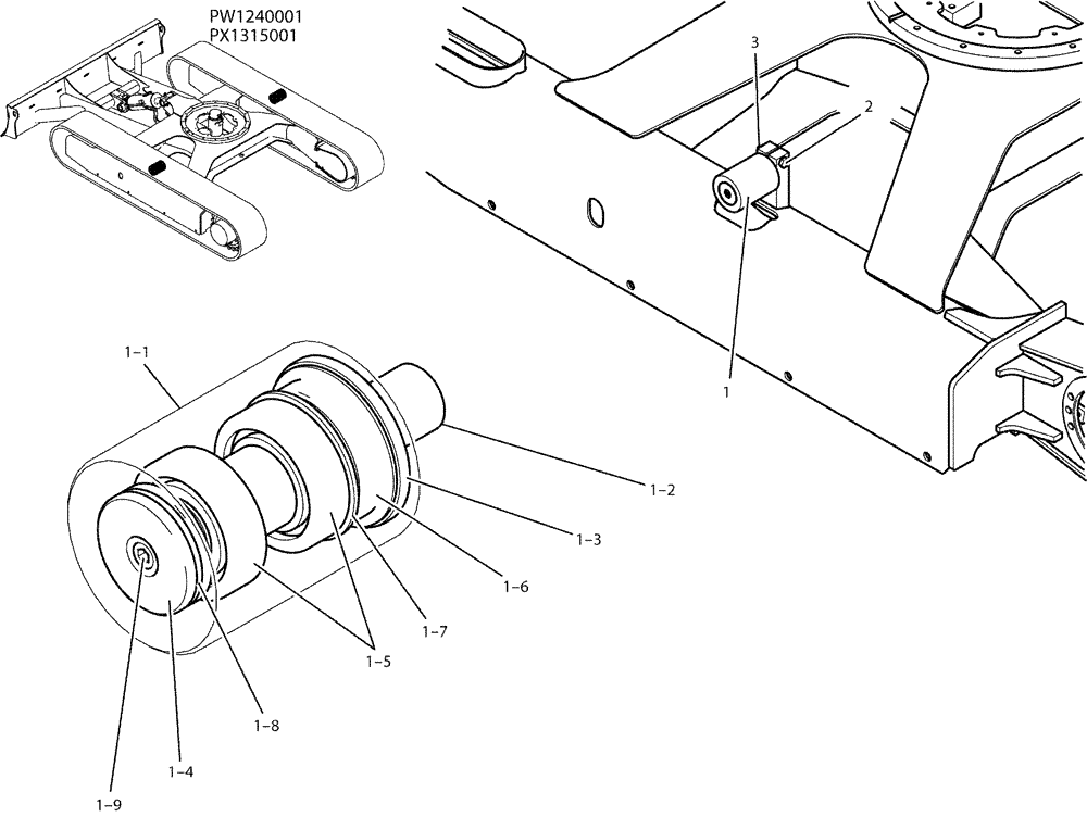 Схема запчастей Case CX36B - (02-007) - ROLLER ASSY, UPP (48) - TRACKS & TRACK SUSPENSION