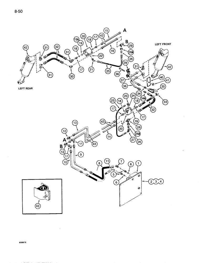 Схема запчастей Case 1086B - (8-050) - OUTRIGGER HYDRAULIC CIRCUIT, FRONT AND REAR - LEFT SIDE OPTIONAL FOR 1085B - STANDARD FOR1086B (08) - HYDRAULICS