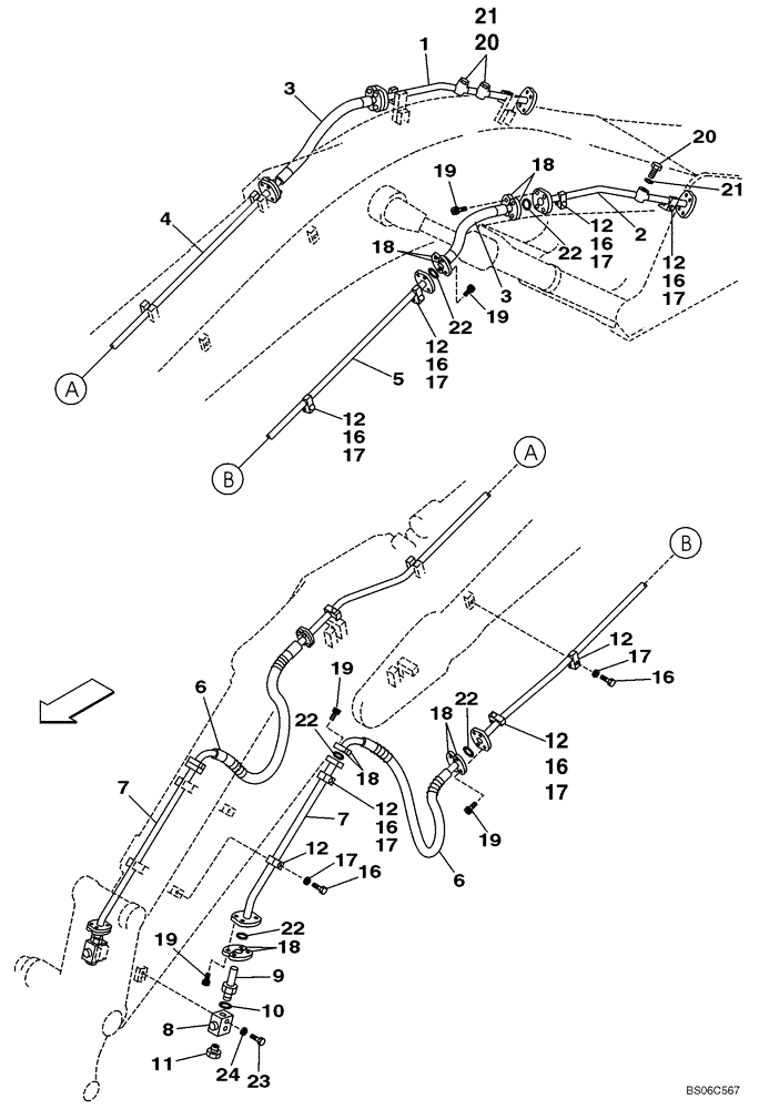 Схема запчастей Case CX330 - (08-047-00[01]) - HYDRAULICS, AUXILIARY ATTACHMENT - TRIGGER ACTIVATED, 3,25 M (10 FT 8 IN) ARM (08) - HYDRAULICS