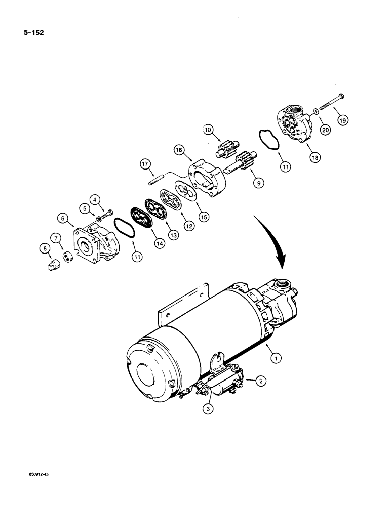 Схема запчастей Case W36 - (5-152) - AUXILIARY STEERING PUMP AND MOTOR - L116118 (05) - STEERING