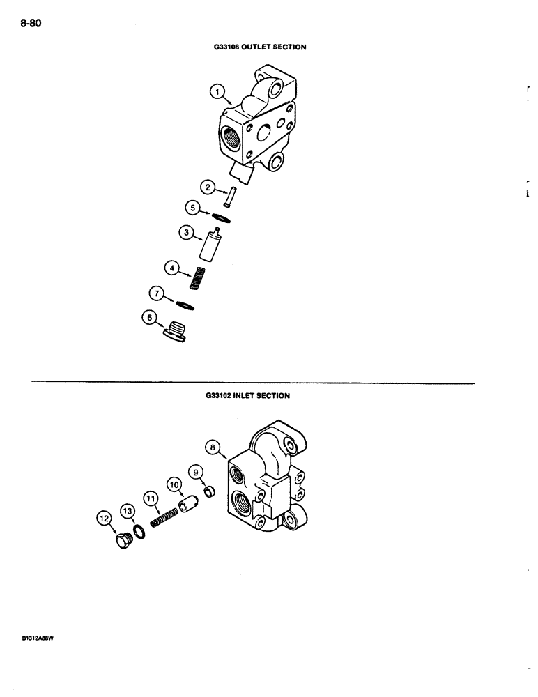 Схема запчастей Case 680L - (8-080) - BACKHOE CONTROL VALVE, OUTLET SECTION, INLET SECTION (08) - HYDRAULICS