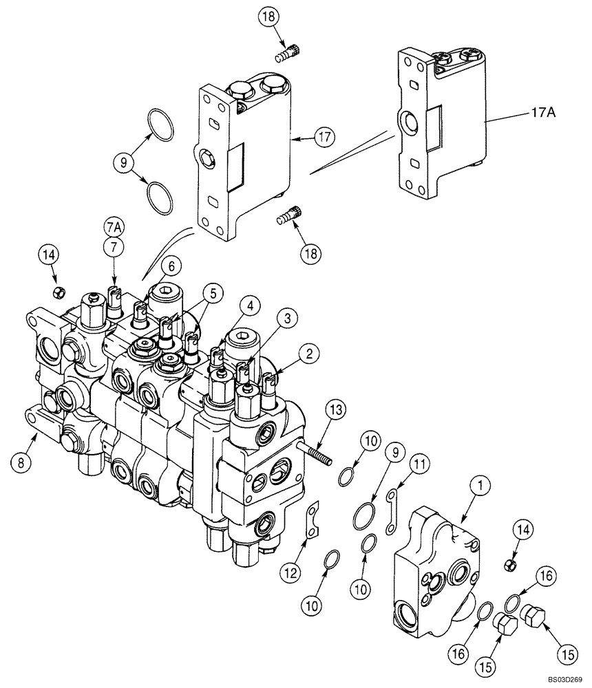 Схема запчастей Case 580SM - (08-37) - VALVE ASSY - BACKHOE CONTROL, 7 SPOOL (WITHOUT EXTENDABLE DIPPER AND WITH AUXILIARY HYDRAULICS) (08) - HYDRAULICS