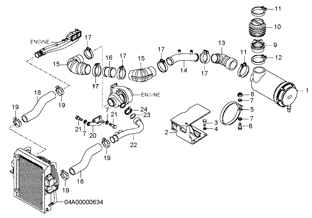 Схема запчастей Case 335B - (06A00010597[001]) - INSTALL, AIR INTAKE / CLEANER (87585127) (01) - ENGINE