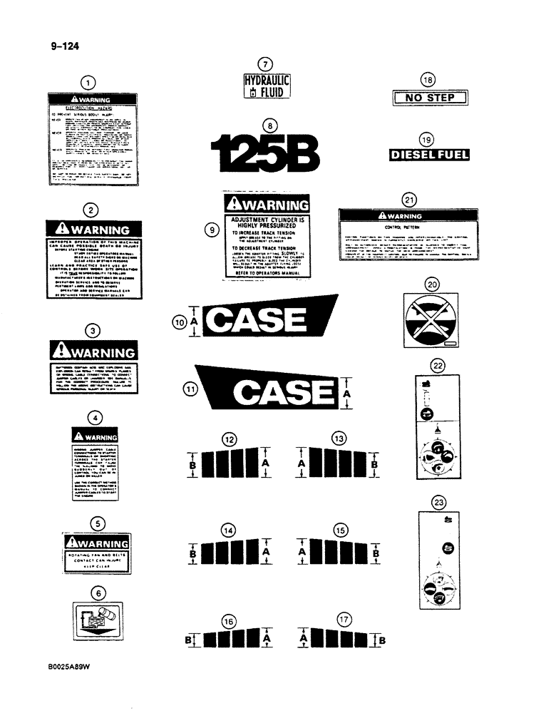 Схема запчастей Case 125B - (9-124) - DECALS, P.I.N. 21801 THROUGH 21868, 26801 AND AFTER (09) - CHASSIS