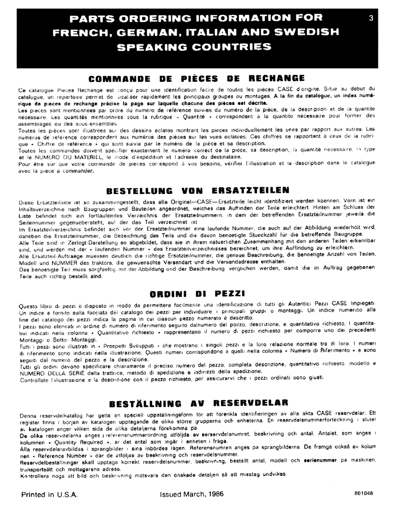 Схема запчастей Case 1080 - (003) - PARTS ORDERING INFORMATION FOR FRENCH, GERMAN, ITALIAN AND (00) - GENERAL & PICTORIAL INDEX