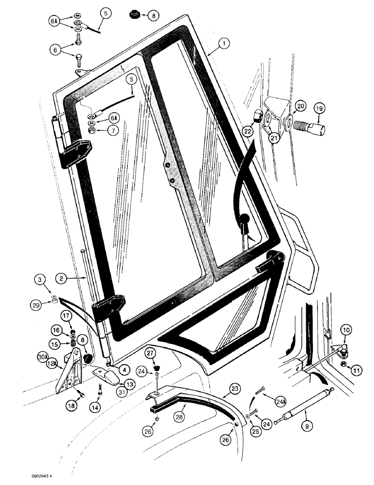 Схема запчастей Case 590 - (9-114) - LEFT-HAND AND RIGHT-HAND CAB DOOR MOUNTING (09) - CHASSIS/ATTACHMENTS