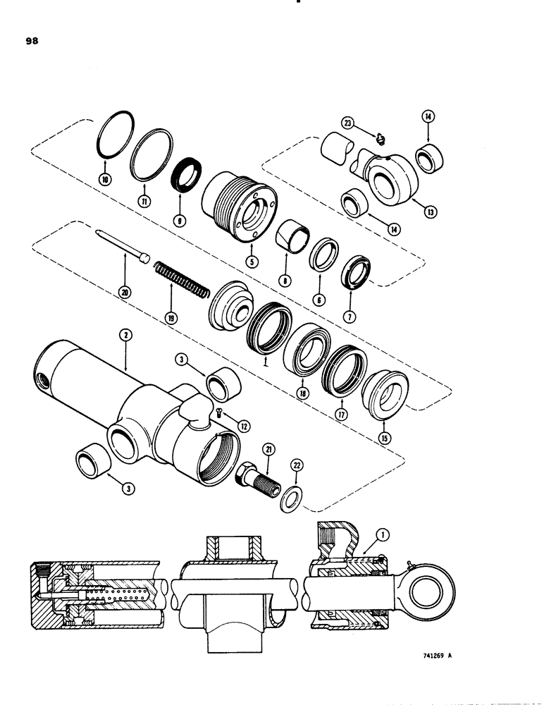 Схема запчастей Case 26C - (098) - G100072 AND G100073 SWING CYLINDER, WITH TWO PIECE PISTON, GLAND IS STAMPED WITH CYLINDER PART NUMBR 