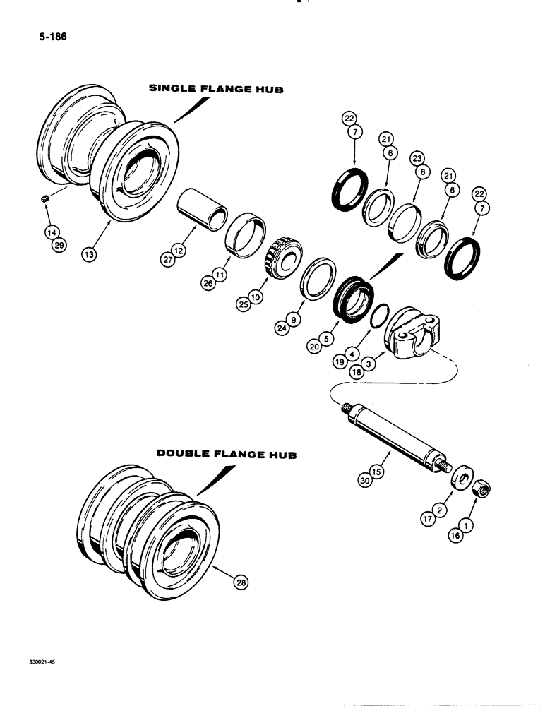 Схема запчастей Case 1455B - (5-186) - CASE-MADE TRACK ROLLERS, (SHAFT RETAINED BY NUT), SINGLE FLANGE TRACK ROLLER R27948 (11) - TRACKS/STEERING