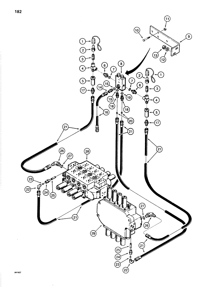 Схема запчастей Case 1280B - (182) - MAIN CONTROL VALVE POWER SENSING LINES, USED WITH DETROIT DIESEL ENGINE (08) - HYDRAULICS