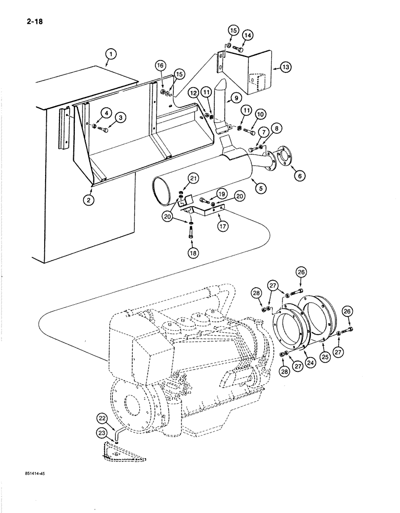 Схема запчастей Case 170B - (2-18) - EXHAUST SYSTEM AND ENGINE AIR COOLING ADAPTING PARTS, P.I.N. 74341 THRU 74424 (02) - ENGINE