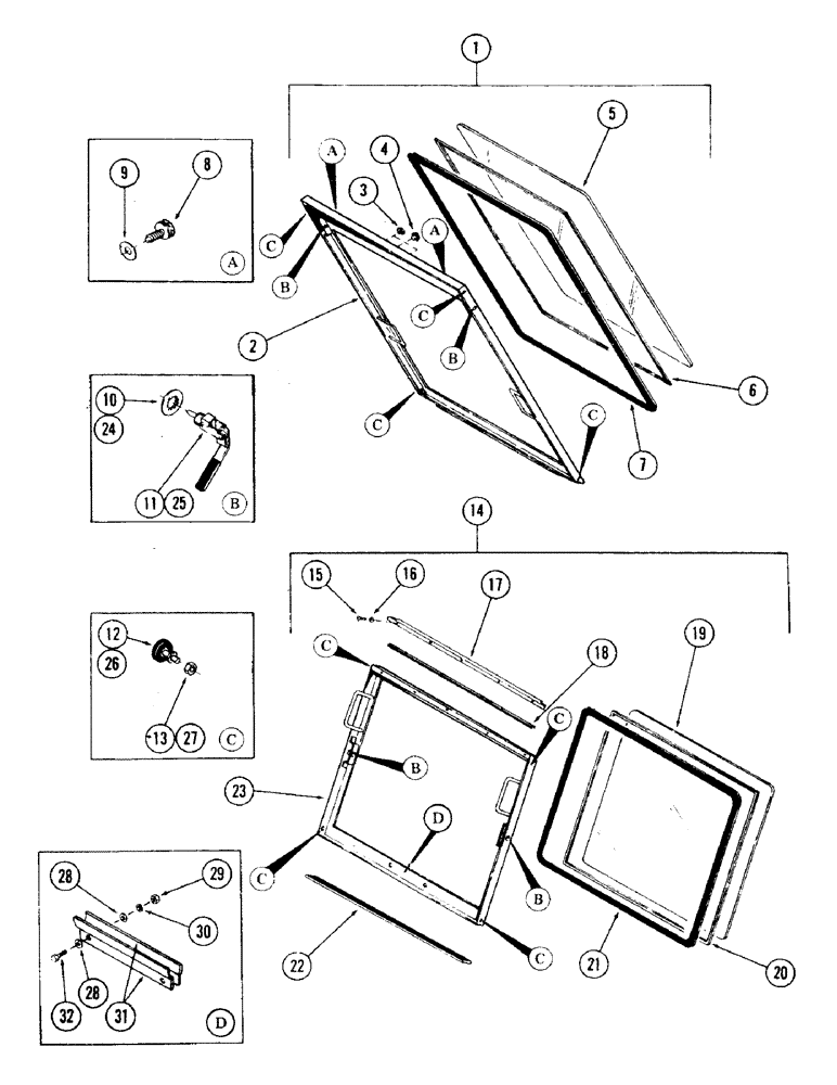 Схема запчастей Case 35 - (058) - CAB AND ATTACHING PARTS, (UPPER AND LOWER FRONT WINDOWS AND ATTACHING PARTS) (90) - PLATFORM, CAB, BODYWORK AND DECALS