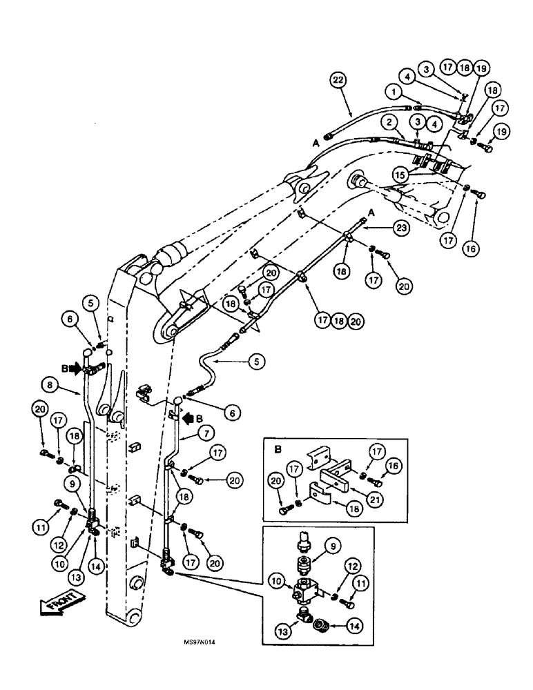 Схема запчастей Case 9045B - (8-073A) - AUXILIARY EQUIPMENT OPTION, SUPPLY AND CYLINDER LINES, FOR 4.0 METER ARM (08) - HYDRAULICS