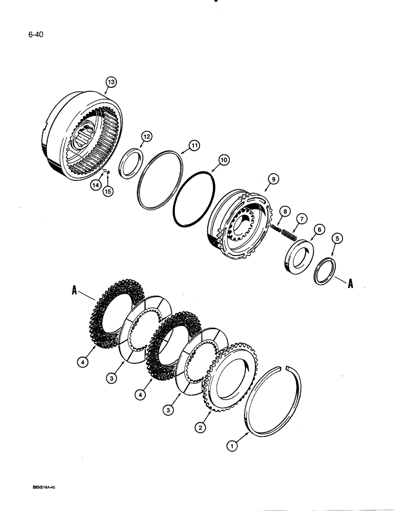 Схема запчастей Case 455C - (6-40) - TRANS. HIGH AND LOW SPEED CLUTCH ASSEMBLIES, MODELS WITH WET BRAKES, P.I.N. GBE 0001501 AND AFTER (06) - POWER TRAIN