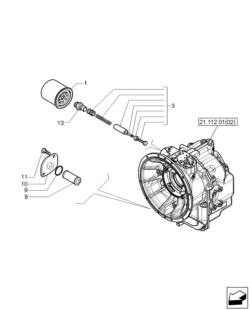 Схема запчастей Case 590SN - (21.104.03[01]) - TRANSMISSION - 2WD - FILTER, OIL (21) - TRANSMISSION