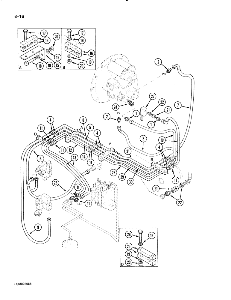 Схема запчастей Case 888 - (8-016) - HYDRAULIC PUMP LINES, PUMP TO SWING VALVE, SOLENOID VALVE AND SWIVEL, P.I.N. FROM XXXXX TO 15262 (08) - HYDRAULICS