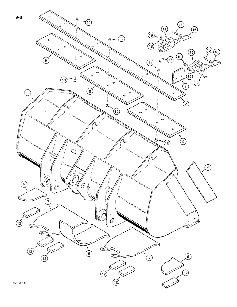 Схема запчастей Case 621 - (9-08[B]) - LOADER BUCKET AND CUTTING EDGE, 2.25 CUBIC YARD, (1.7 CUBIC METER) BUCKET (09) - CHASSIS/ATTACHMENTS