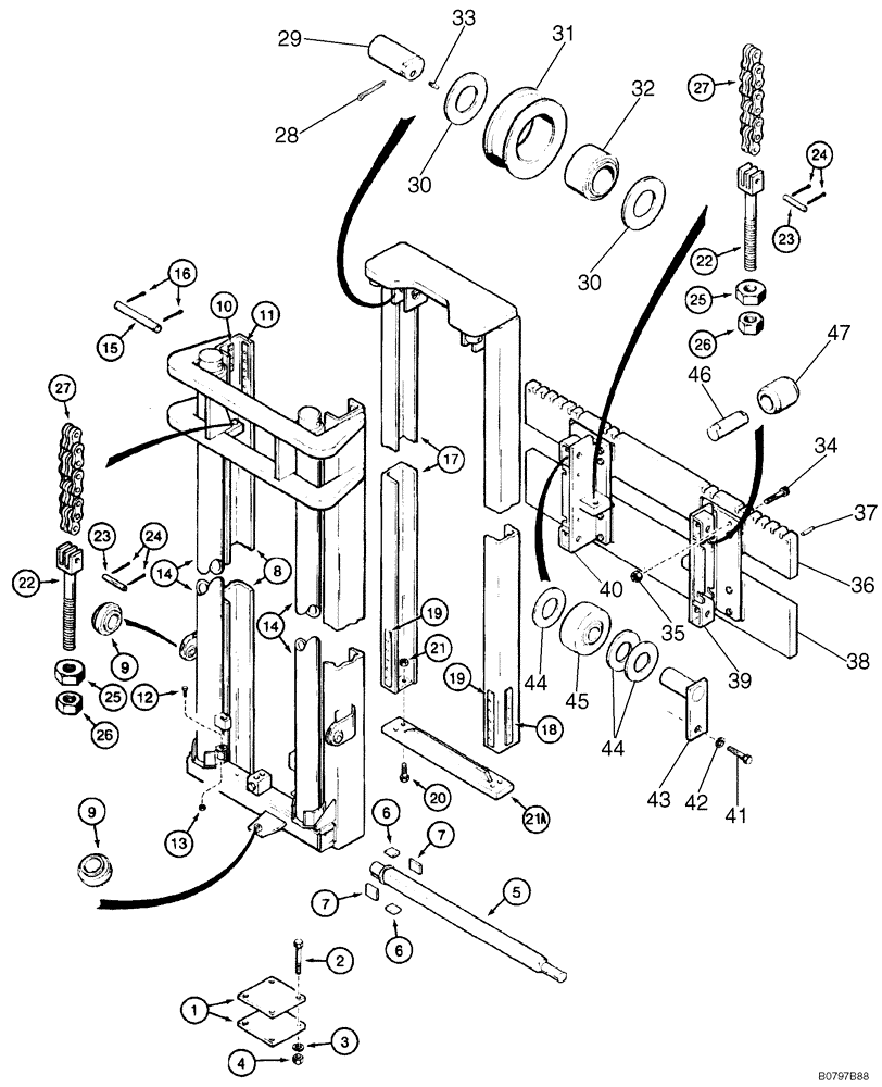 Схема запчастей Case 586E - (9-054) - 4.3 M (14-1/4 FOOT) MAST FOR 585E AND 586E, MODELS WITH DUAL LIFT CYL., W/O 31 DEGREE FWD MAST TILT (09) - CHASSIS/ATTACHMENTS