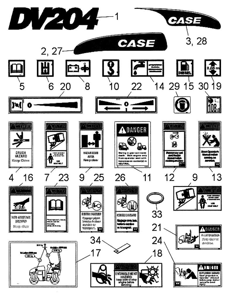 Схема запчастей Case DV204 - (12-510/4[01]) - DECALS (GROUP 510/4) (09) - CHASSIS/ATTACHMENTS