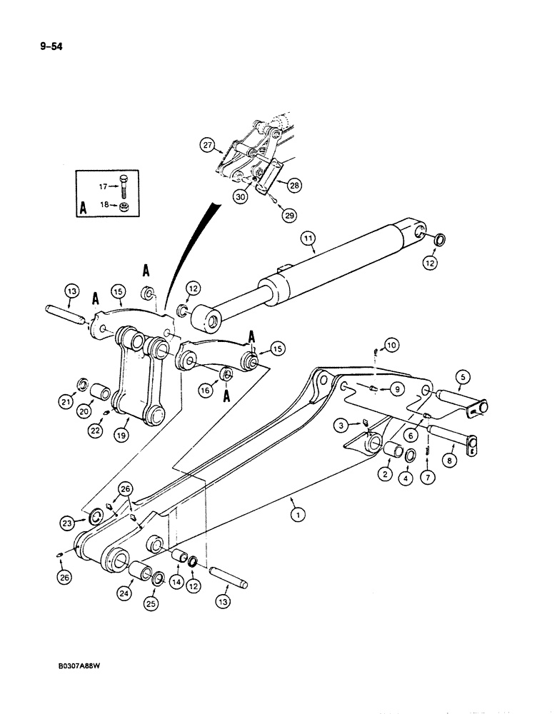 Схема запчастей Case 125B - (9-054) - ARM, LINKS AND MOUNTING PINS, WITH 8 FOOT 3 INCH (2.5 M) ARM, P.I.N. 74251 THROUGH 74435 (09) - CHASSIS