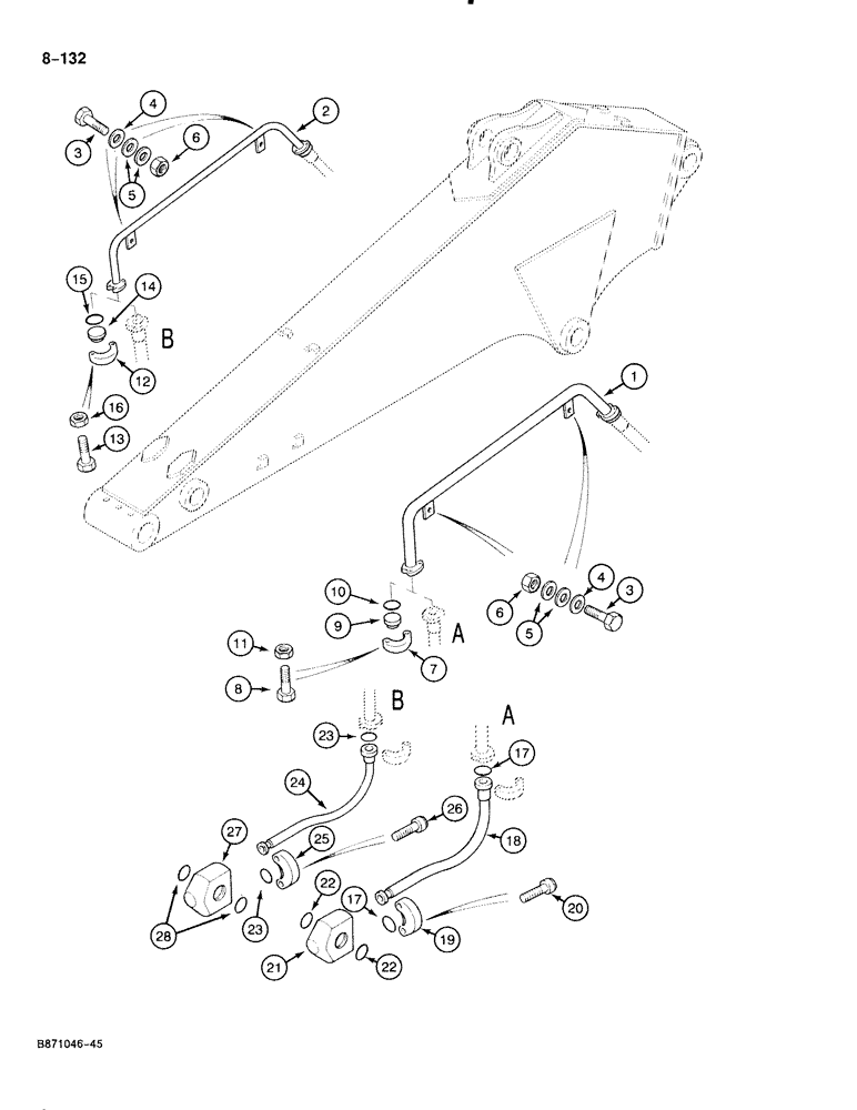 Схема запчастей Case 888 - (8-132) - HYDRAULIC HAMMER CIRCUIT, TUBES AT ARM - 2.70 M ARM (08) - HYDRAULICS