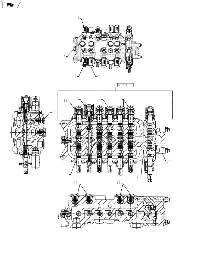 Схема запчастей Case 580SN WT - (35.726.17[01]) - VAR 423075, 423083, 423084, 742369 - VALVE - BACKHOE CONTROL, 7 SPOOL (W/O EXT DIPPER,W/ AUX HYDS, W/O PILOT CONTROLS) (35) - HYDRAULIC SYSTEMS