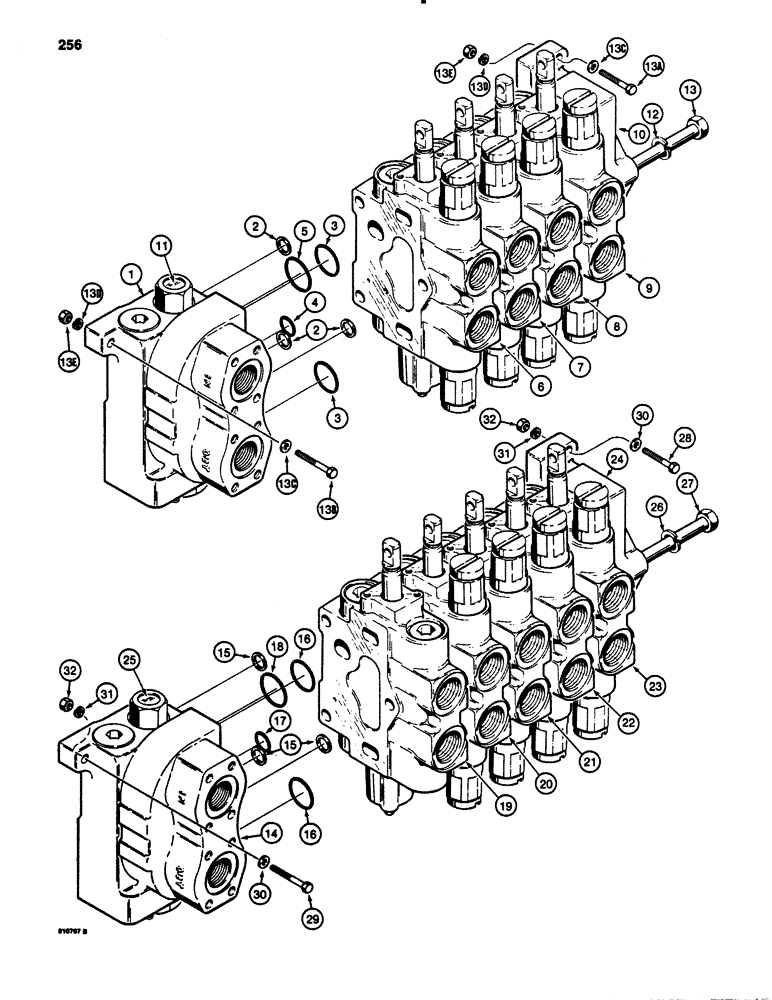 Схема запчастей Case 780B - (256) - L107615 BACKHOE CONTROL VALVE, W/O EXTENDABLE DIPPER, L107616 BACKHOE CONTROL VALVE W/ EXTENDABLE (08) - HYDRAULICS