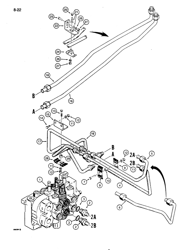 Схема запчастей Case 850D - (8-022) - DOZER LIFT HYDRAULIC CIRCUIT, CONTROL VALVE TO CROSSOVER TUBES (08) - HYDRAULICS