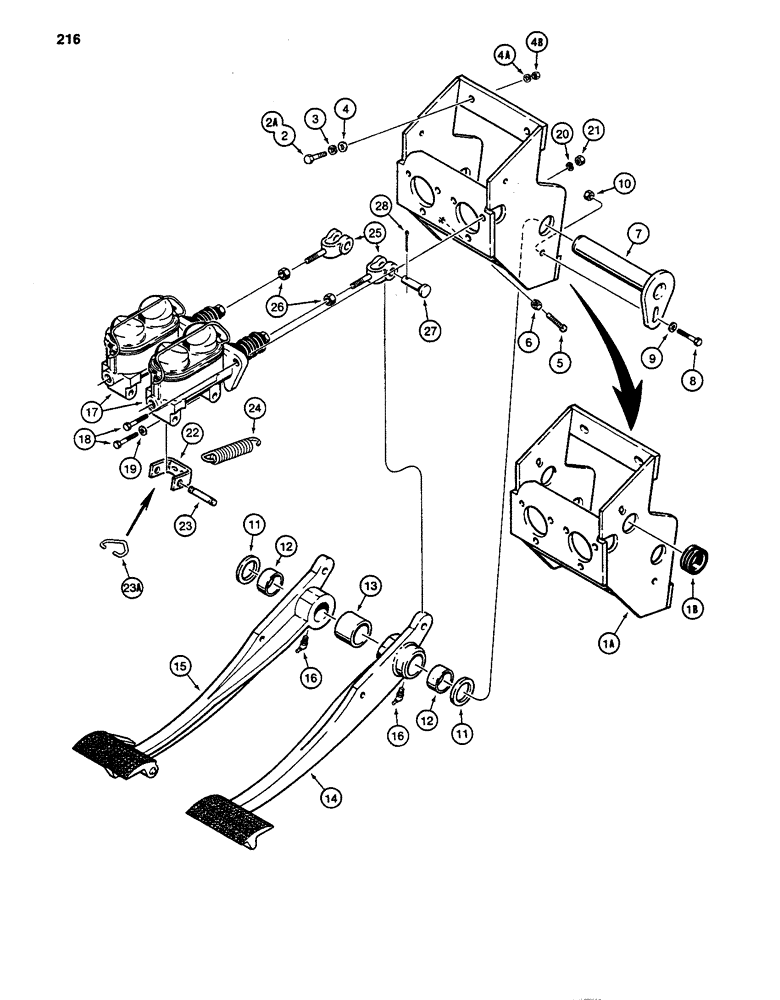 Схема запчастей Case 480D - (216) - BRAKE PEDALS AND MOUNTING (33) - BRAKES & CONTROLS