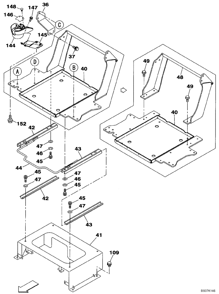 Схема запчастей Case CX700B - (09-23) - OPERATORS COMPARTMENT - BOX - GUIDE, SLIDE - AIR SEAT (09) - CHASSIS