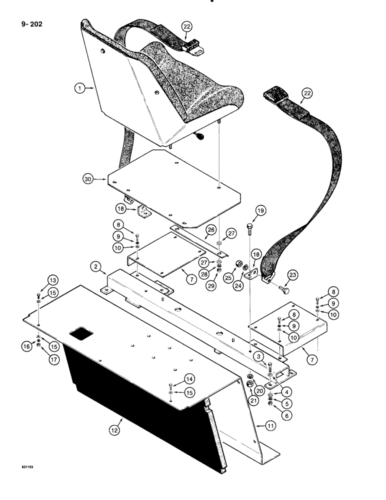 Схема запчастей Case 1835B - (9-202) - SEAT, SEAT BELT, AND HEAT SHIELD (09) - CHASSIS/ATTACHMENTS