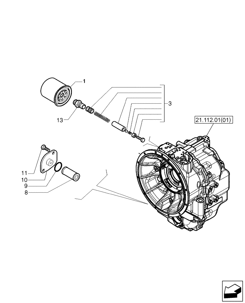 Схема запчастей Case 590SN - (21.104.03[02]) - TRANSMISSION - 4WD - FILTER, OIL (21) - TRANSMISSION