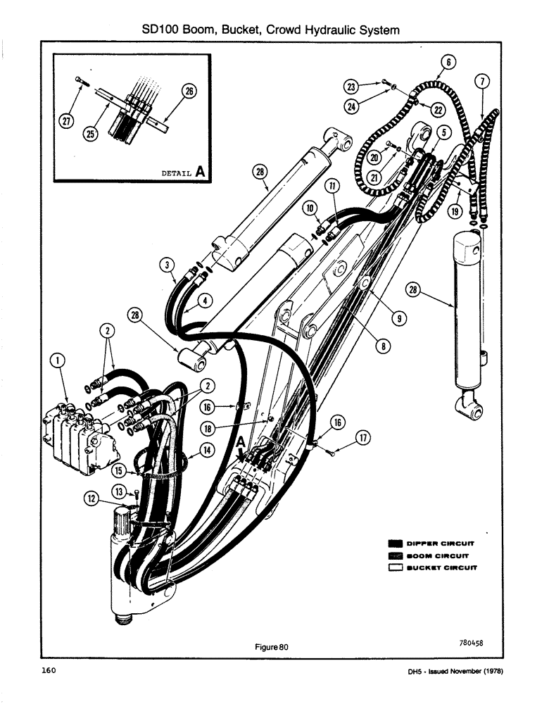 Схема запчастей Case DH5 - (160) - SD100 BOOM, BUCKET, CROWD HYDRAULIC SYSTEM (84) - BOOMS, DIPPERS & BUCKETS