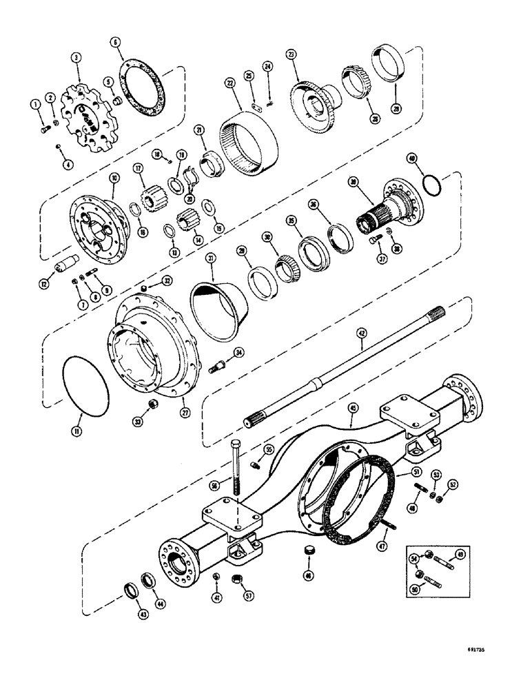 Схема запчастей Case W8B - (166) - A19080 AND L15393 FRONT RIGID AXLES, AXLE HOUSING AND PLANETARY (04) - UNDERCARRIAGE