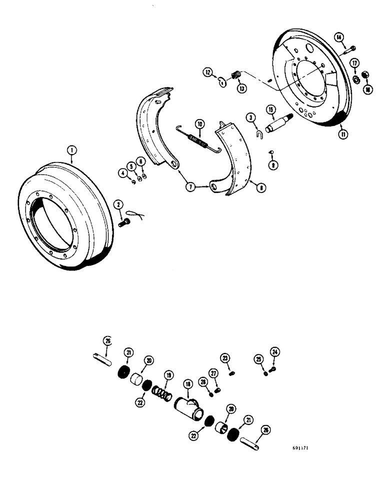 Схема запчастей Case W8C - (186) - L15395 REAR STEERING AXLE, REAR BRAKE DRUM AND LININGS, REAR BRAKE DRUM & LININGS (06) - POWER TRAIN