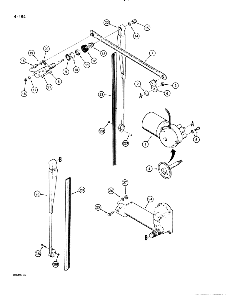 Схема запчастей Case 1455B - (4-154) - CAB WINDSHIELD WIPERS (04) - ELECTRICAL SYSTEMS