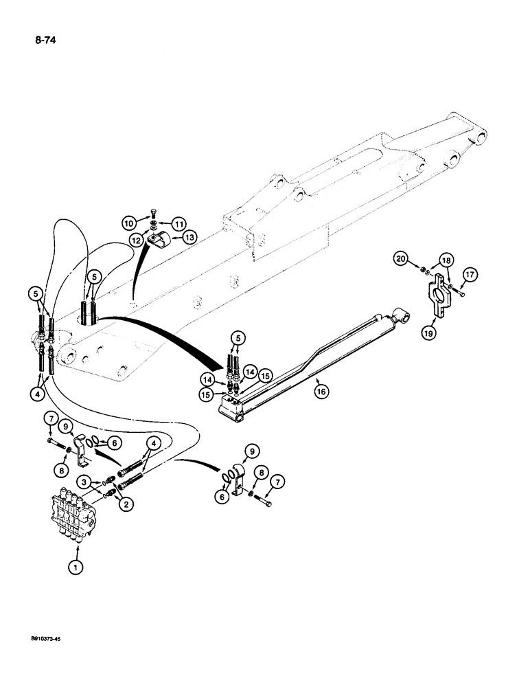 Схема запчастей Case 1085C - (8-074) - EXTENDAHOE ARM HYDRAULIC CIRCUIT, ARM AND SWING CONTROL VALVE TO EXTENDAHOE CYLINDER (08) - HYDRAULICS