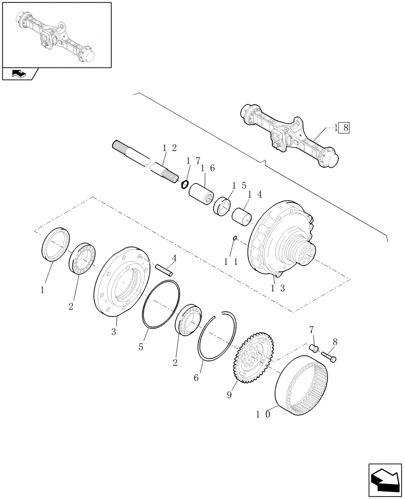 Схема запчастей Case 321E - (073/03[07]) - 20 KM/H REAR SELF-LOCKING AXLE: WHEEL HUB (05) - REAR AXLE