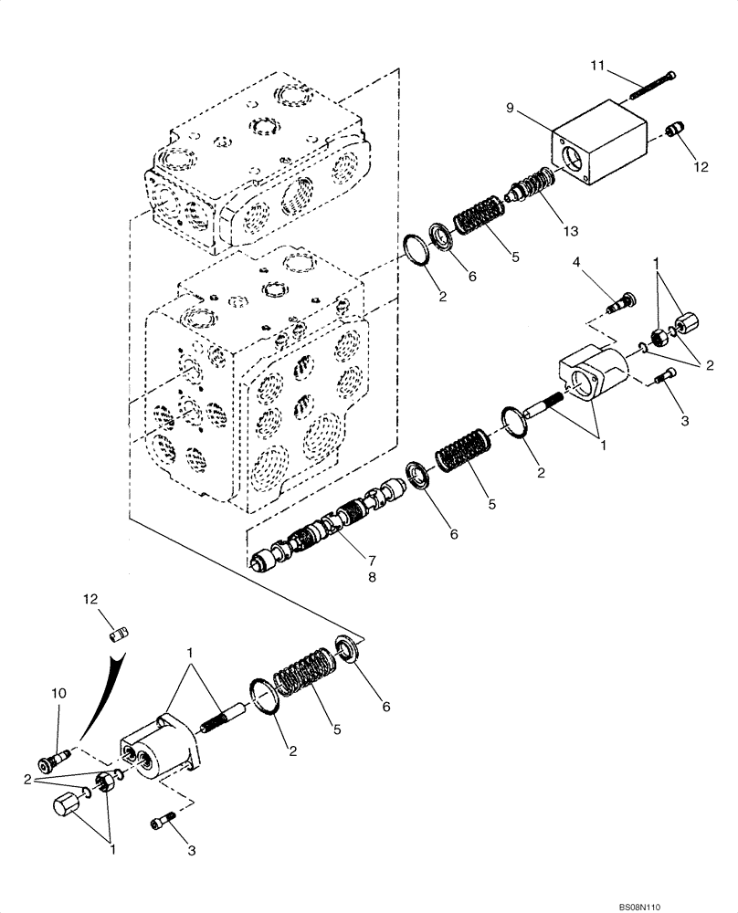 Схема запчастей Case 721E - (08-44A) - VALVE SECTION - BUCKET/BOOM/OPTIONAL SPOOLS (3 SPOOL VALVE) (Z-BAR) - IF USED (08) - HYDRAULICS