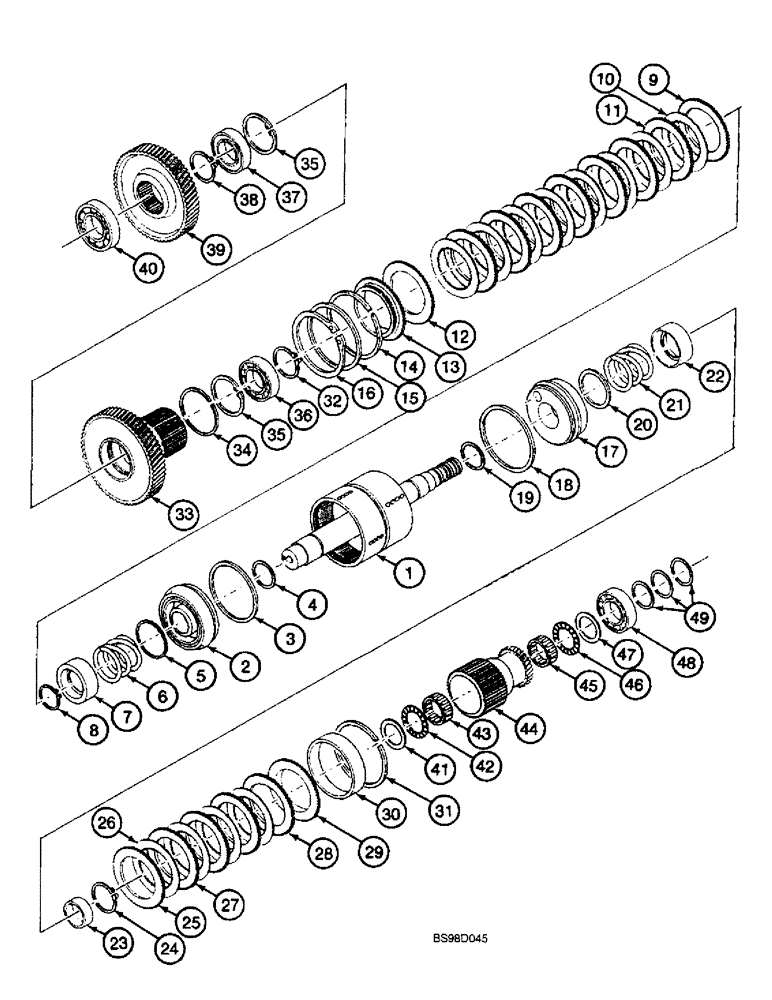 Схема запчастей Case 590SL - (6-098) - CLARK POWERSHIFT TRANSMISSION ASSEMBLY, CLUTCH AND PINIONS, HIGH SPEED & LOW SPEED - FORWARD DRIVE (06) - POWER TRAIN