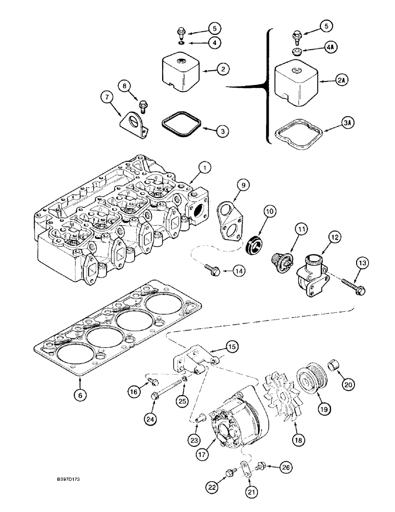 Схема запчастей Case 9020B - (2-054) - CYLINDER HEAD COVER, 4TA-390 ENGINE, PRIOR TO P.I.N. DAC02#2001, THERMOSTAT,HOUSING & ALTRNTR MNTING (02) - ENGINE