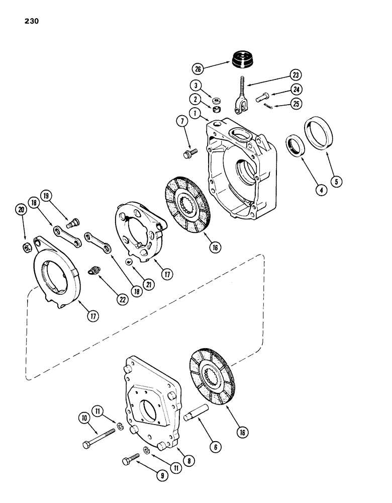 Схема запчастей Case 585D - (230) - TRANSAXLE DIFFERENTIAL BRAKE HOUSING AND BRAKE, TRANSM SERIAL NO. 16249203 TO 16270318, 2 AND 4WD (33) - BRAKES & CONTROLS